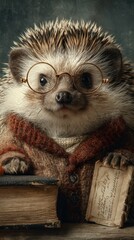 Hedgehog in glasses reading a book indoors during a cozy afternoon