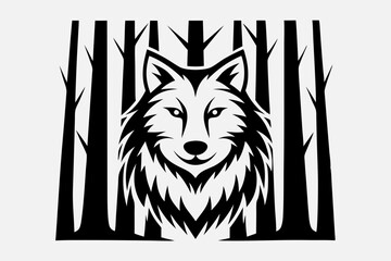 Wolf illustration among trees in black and white graphic design  