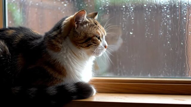 Calico cat gazing pensively through a rain-streaked window from its perch indoors