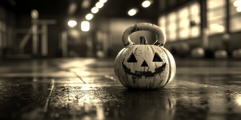 Decorative pumpkin-shaped kettlebell in a dimly lit gym during a Halloween-themed workout session