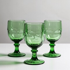 Three elegant green glass goblets on white surface with copy space