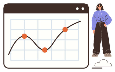 Browser window showing a growth graph with connected data points. Woman standing nearby wearing casual clothing. Ideal for analytics, business growth, progress, data tracking, innovation, planning