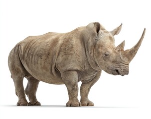 Obraz premium Full shot of a large rhinoceros. Light beige/gray, thick skin, single horn on its snout, standing profile view, isolated on white