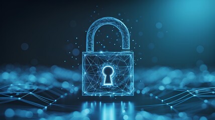 Cyber security concept. Lock symbol from lines and triangles, point connecting network on blue digital background