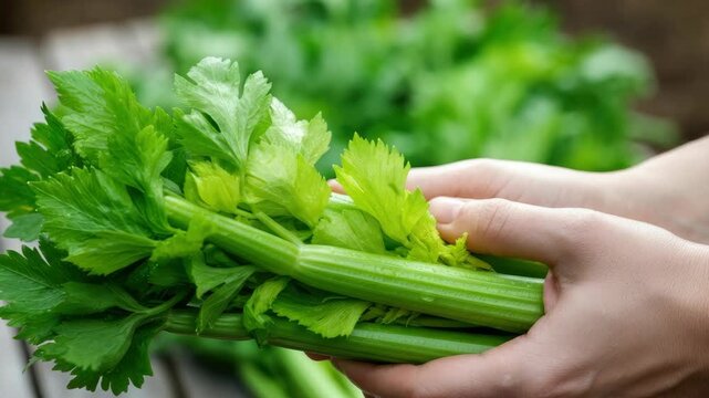 Person holding fresh green celery stalks in hands