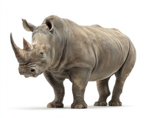 Obraz premium Gray rhino, full shot, facing slightly to the viewer's right, standing on a white background. Large, thick, muscular body, one horn on the snout. Mature, wild, African animal