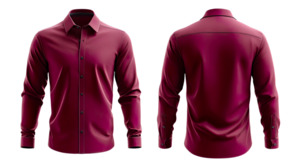 Transparent Png of a Mens Burgundy Long Sleeve Dress Shirt, Showcasing Front and Back Views, Elegant Formal Apparel, Professional Attire for Business or Special Occasions