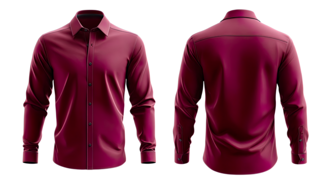 Transparent Png of a Mens Burgundy Long Sleeve Dress Shirt, Showcasing Front and Back Views, Elegant Formal Apparel, Professional Attire for Business or Special Occasions