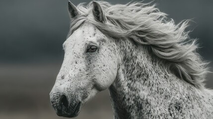 Majestic white horse with flowing mane in a scenic landscape during overcast weather