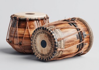 Two traditional drums, light brown wooden bodies, intricate designs on drumheads, tied with brown cords