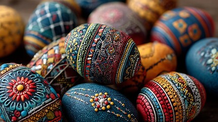 Vibrantly decorated Easter eggs with intricate patterns in a close-up view
