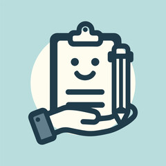 Minimalist Flat Clipboard and Pencil in Hand Vector Icon for Feedback
