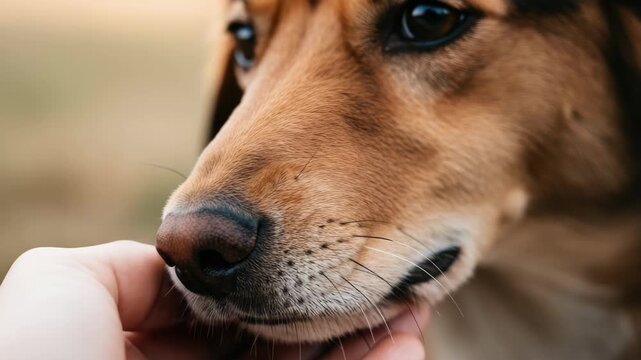 Close-up of person's hand petting brown and white dog