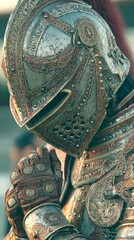 Ornate armored knight stands in prayer at a historical festival in a sunlit courtyard during mid-afternoon