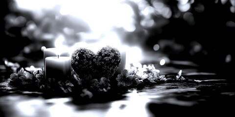 Romantic heart centerpiece with candles and flowers creating a serene atmosphere during sunset