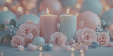 Candles and pink roses create a romantic atmosphere with soft decorations for a serene celebration - Low Contrast