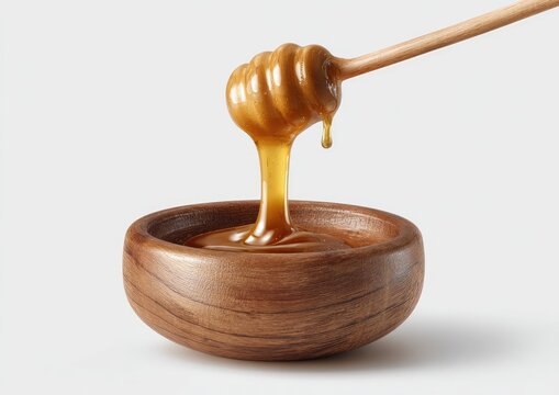 Honey drips from a wooden dipper into a wooden bowl