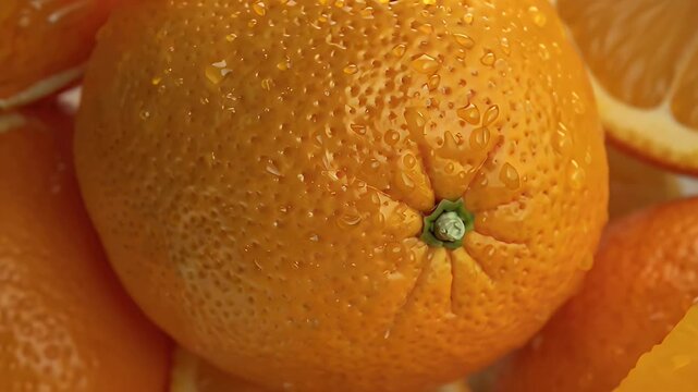 Extreme close-up of ripe oranges with dimpled textured peels and a sliced interior wedge showing vibrant flesh