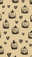 Whimsical pumpkin and heart pattern in background for festive decor