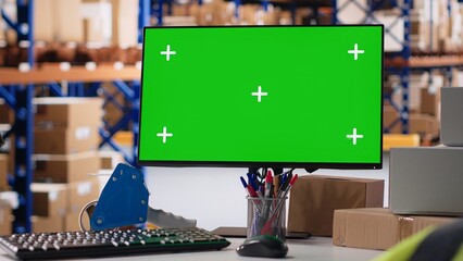Empty warehouse depot running green screen on computer display, handling order processing and...