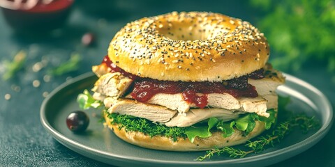 Gourmet chicken bagel sandwich with cranberry sauce and fresh greens served on a plate