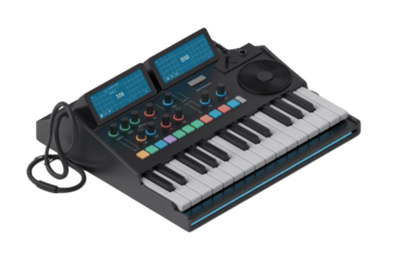 A sleek, modern synthesizer keyboard with dual screens and colorful controls, perfect for music production. background removed