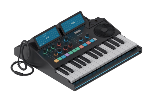 A sleek, modern synthesizer keyboard with dual screens and colorful controls, perfect for music production. background removed