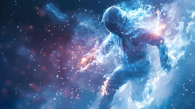 Mysterious hooded figure emerges from a vibrant cosmic nebula with glowing energy trails and particles. - Powered by Adobe