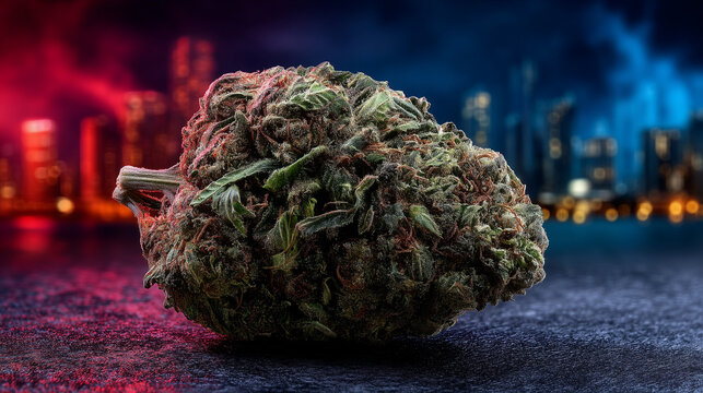 Close-up of a cannabis bud with vibrant trichomes, set against a dramatic urban night skyline with colorful lighting.