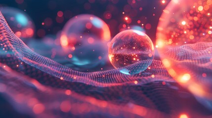 Abstract network of glowing particles and spheres creates a futuristic digital landscape with vibrant energy.