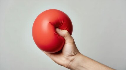Person gripping red stress ball tightly against plain background - Powered by Adobe
