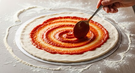 Spreading tomato sauce on pizza dough with a spoon, preparing for baking