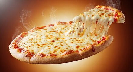 Hot pizza with melting cheese stretching out, a delicious cheesy delight