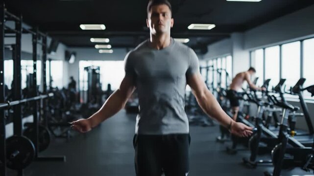 Muscular man jumping rope in a modern gym for cardio fitness and exercise routine