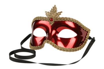 Red Venetian masquerade mask with gold accents, elegant and mysterious. background removed