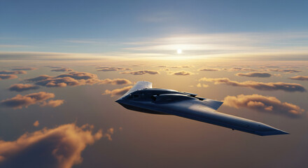 B-2 Spirit is in the foreground, with a vast expanse of sky and scattered clouds in the background. The sun is visible near the horizon, indicating either sunrise or sunset.