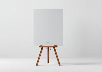 Blank white poster on a simple wooden easel against a white background