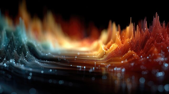 Vibrant abstract digital landscape with glowing particles and flowing data streams in warm and cool tones, perfect for technology themes