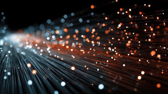 Dynamic abstract of glowing fiber optic strands with vibrant bokeh light effects symbolizing data transfer and modern technology - Powered by Adobe