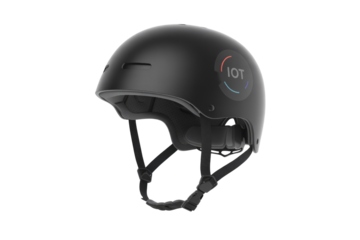 Black IoT smart helmet with adjustable straps,  designed for safety and connectivity. background removed
