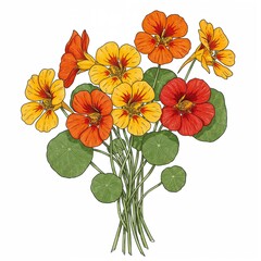 Colorful bouquet of nasturtium flowers on white background with copy space