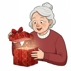 Excited elderly woman opening a gift box with a smile on a white background