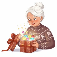Delighted elderly woman opening Christmas surprise gift box on white background with copy space