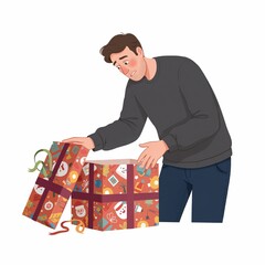 Disappointed man opening gift box on white background with copy space