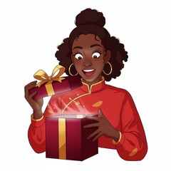 Excited Black woman in Asian outfit opening gift box on white background with copy space