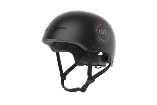 Black IoT smart helmet with adjustable straps,  designed for safety and connectivity. background removed