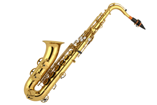 A golden alto saxophone, a wind instrument, isolated on a transparent background. background removed