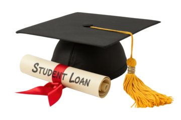 A graduation cap and diploma with 'Student Loan' written on it, symbolizing the financial burden of higher education. background removed