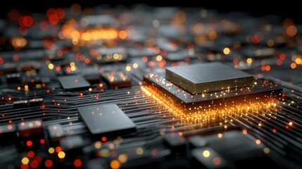 Sophisticated technology background showcases glowing circuit board with vibrant bokeh lights for modern innovation and high tech advancements concepts