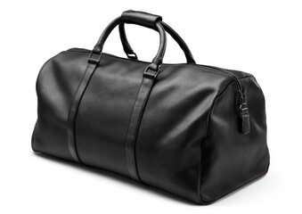 Naklejka premium Black leather duffel bag on white background